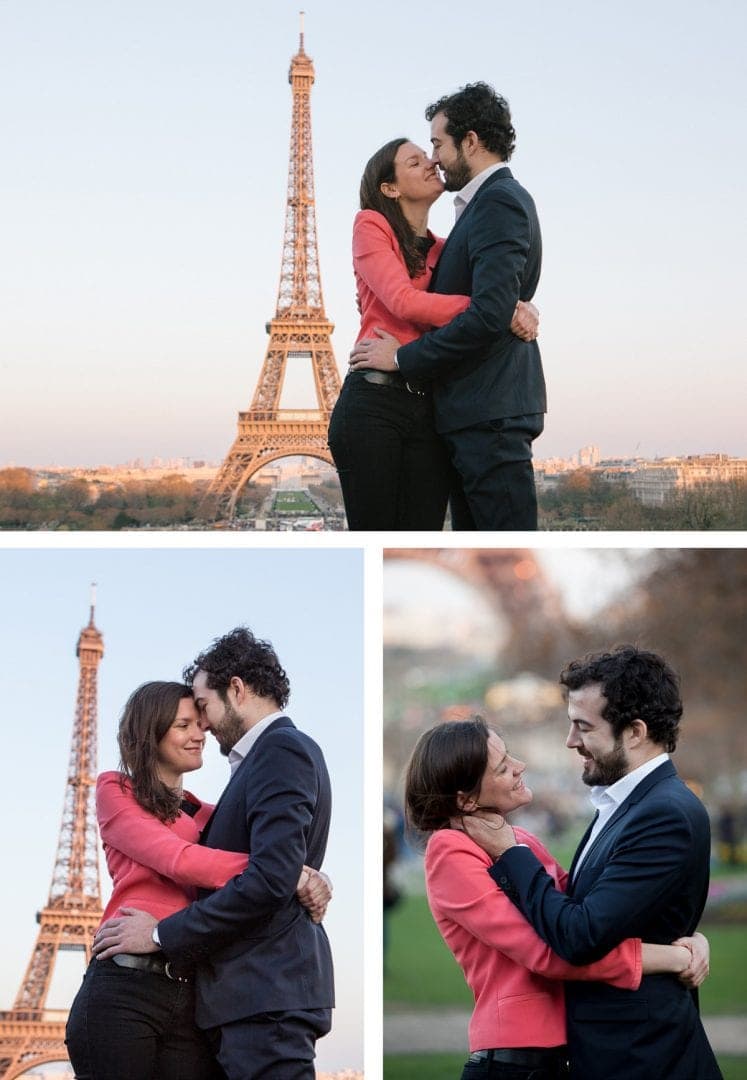 Engagement photoshoot in front of the Eiffel Tower at golden hour